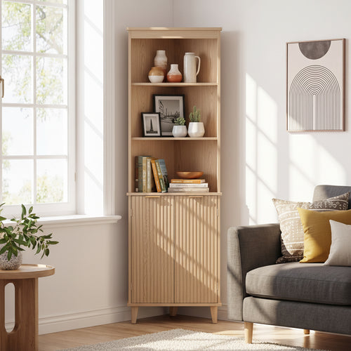 68 Inch Corner Cabinet With Fluted Doors, Oak