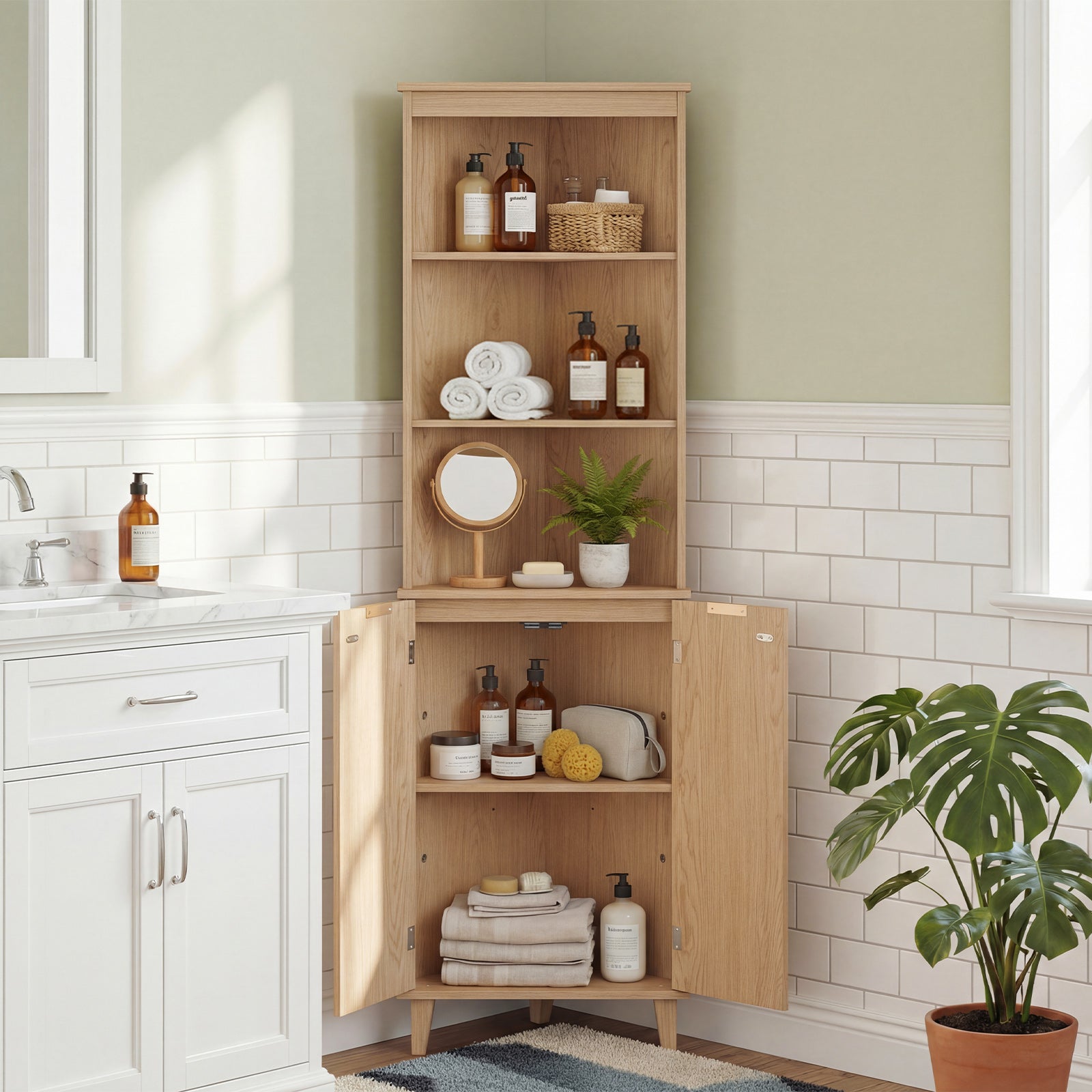 68 Inch Corner Cabinet With Fluted Doors, Oak Floor Cabinets at Gallery Canada