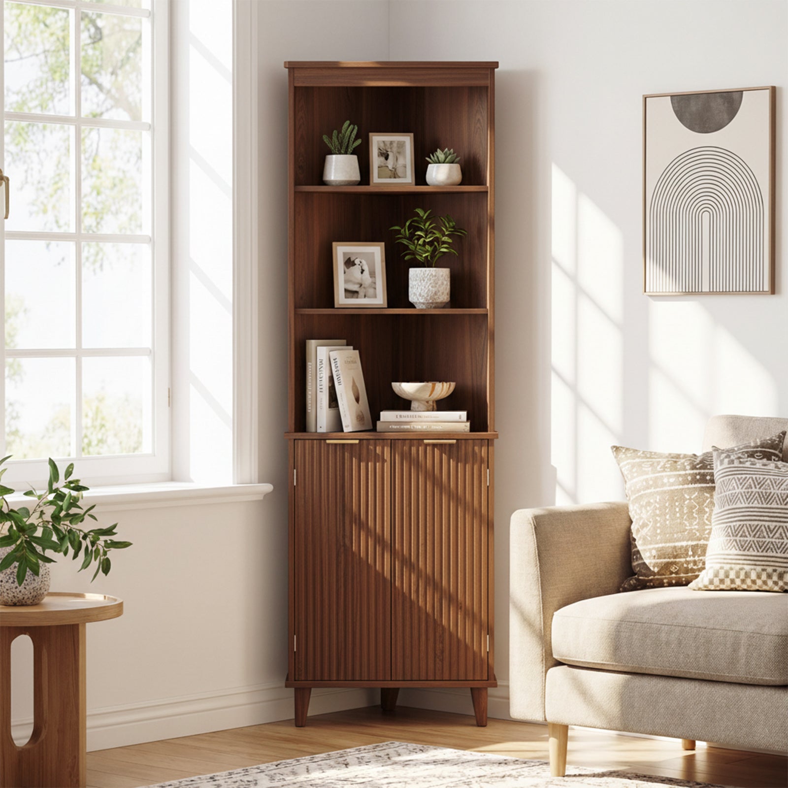 68 Inch Corner Cabinet, Fluted Doors, Walnut Floor Cabinets at Gallery Canada