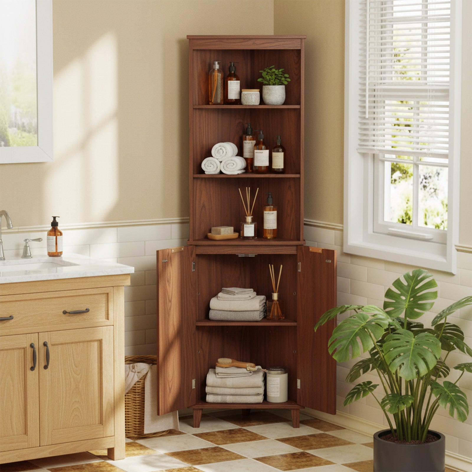 68 Inch Corner Cabinet, Fluted Doors, Walnut Floor Cabinets at Gallery Canada