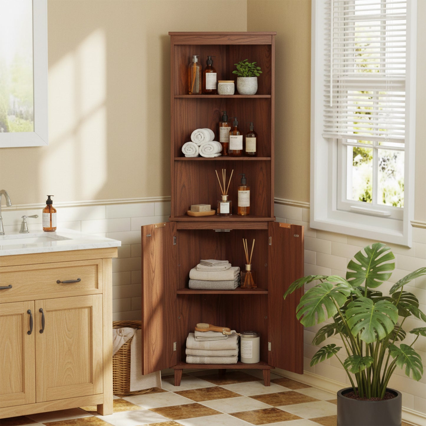 68 Inch Corner Cabinet, Fluted Doors, Walnut Floor Cabinets at Gallery Canada