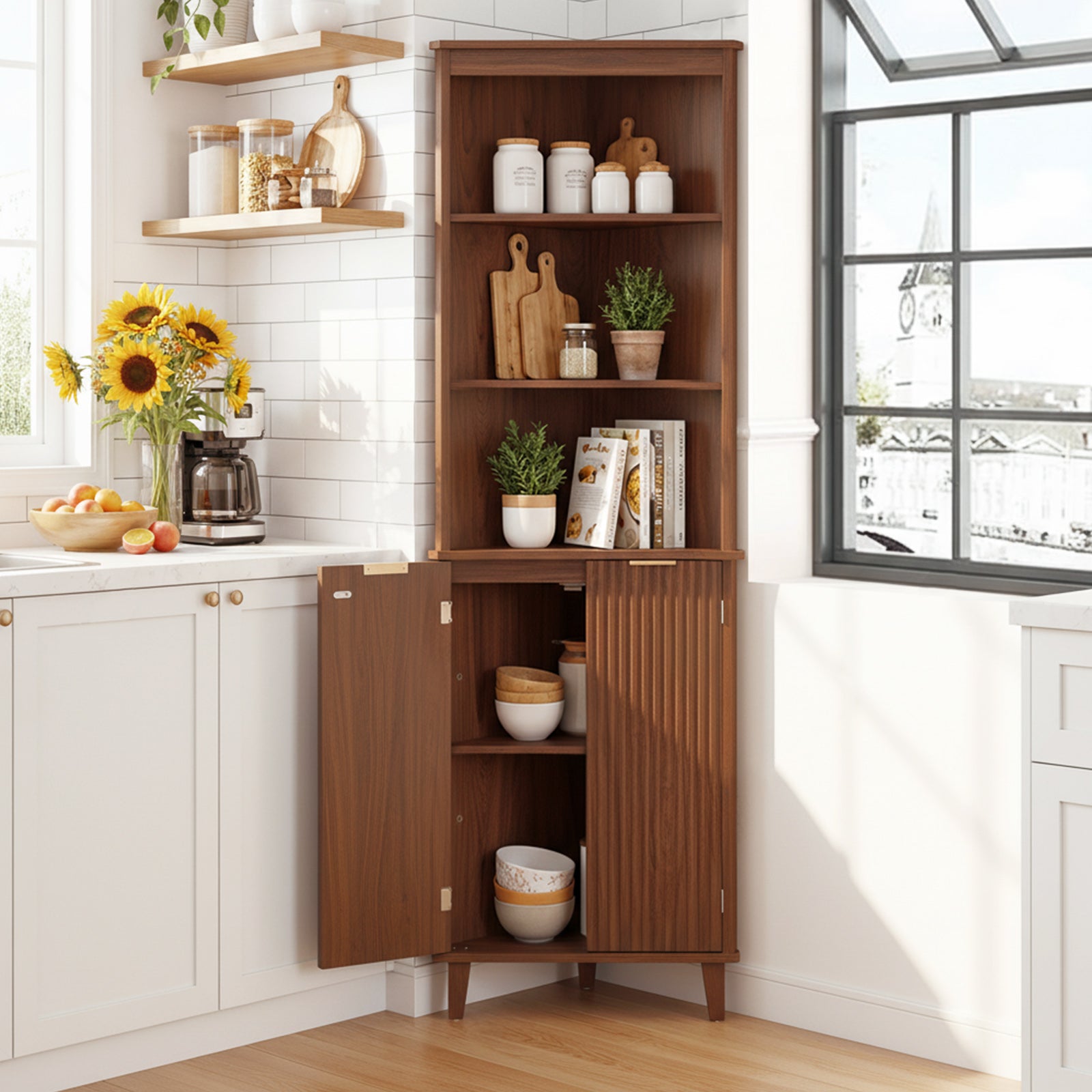 68 Inch Corner Cabinet, Fluted Doors, Walnut Floor Cabinets at Gallery Canada