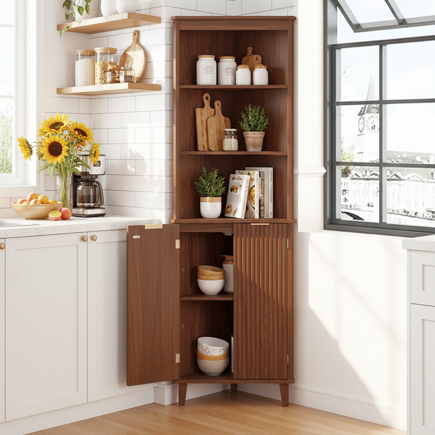 68 Inch Corner Cabinet, Fluted Doors, Walnut Floor Cabinets at Gallery Canada