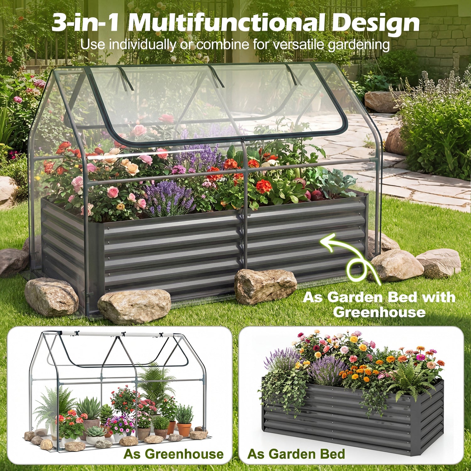 68 x 33 x 21 Inch Galvanized Raised Garden Bed With Cover, Black Raised Garden Beds at Gallery Canada
