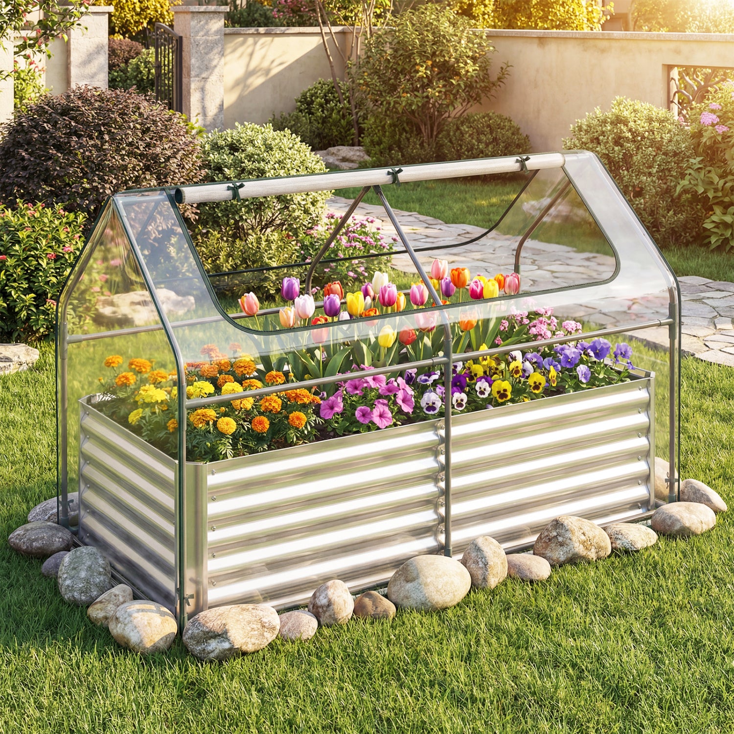 68 x 33 x 21 Inch Galvanized Raised Garden Bed With Cover, Silver Raised Garden Beds at Gallery Canada