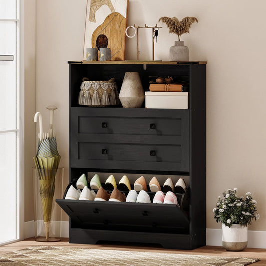 Shoe Cabinet With 2 Flip Drawers, Narrow, Black Shoe Storage Cabinets & Racks Black, Brown at Gallery Canada