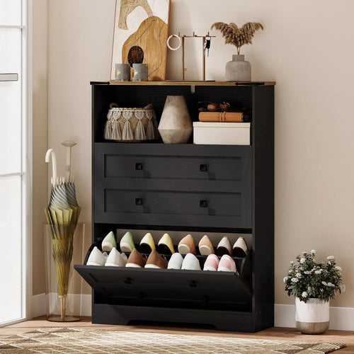 Shoe Cabinet With 2 Flip Drawers, Narrow, Black