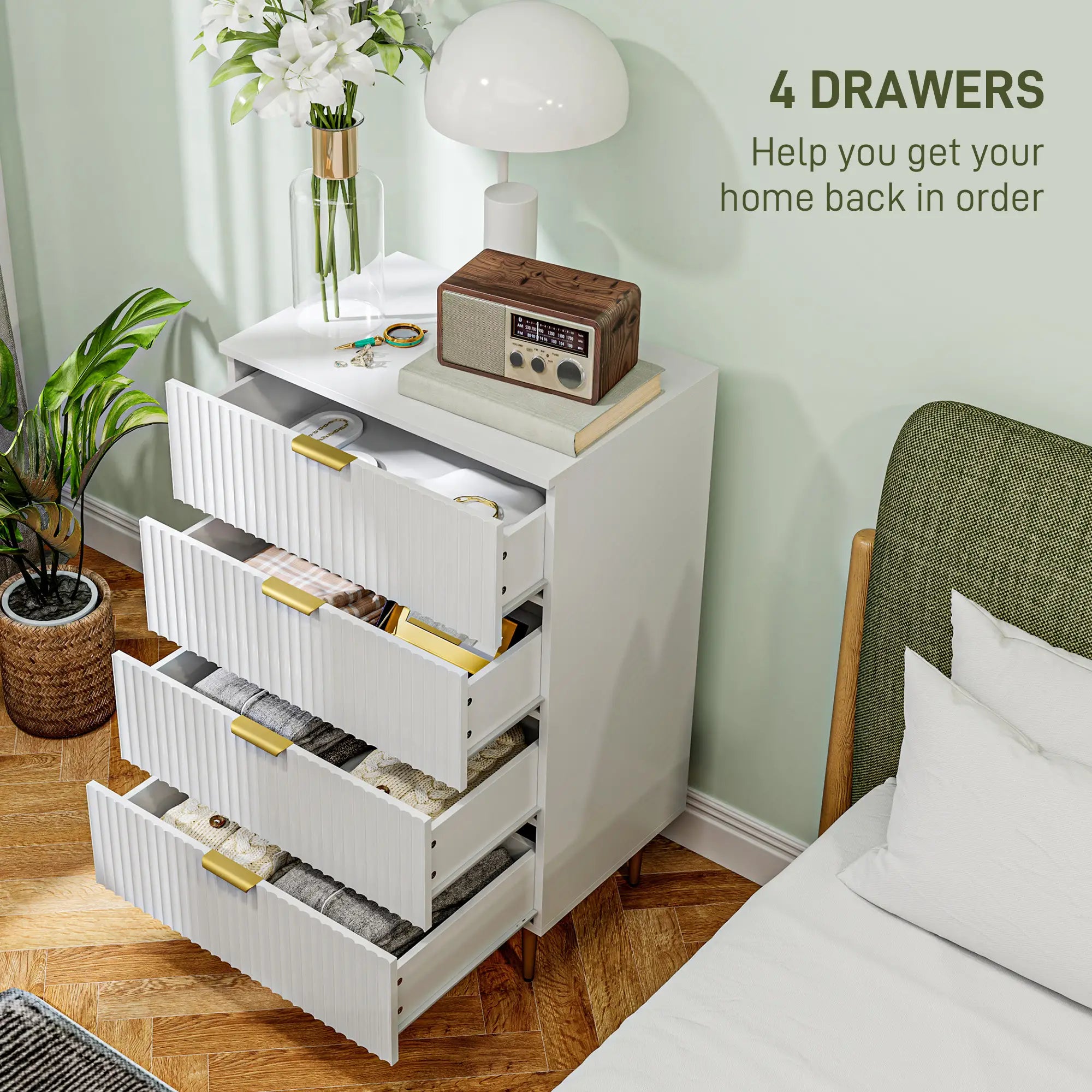 Modern 4 Drawer Dresser, Gold Legs, Bedroom Chest, White Storage Cabinets at Gallery Canada