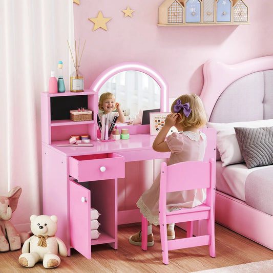 Kids Vanity Set, Toddler Dressing Table and Chair, Lighted Mirror, Pink Toy Vanity Pink at Gallery Canada