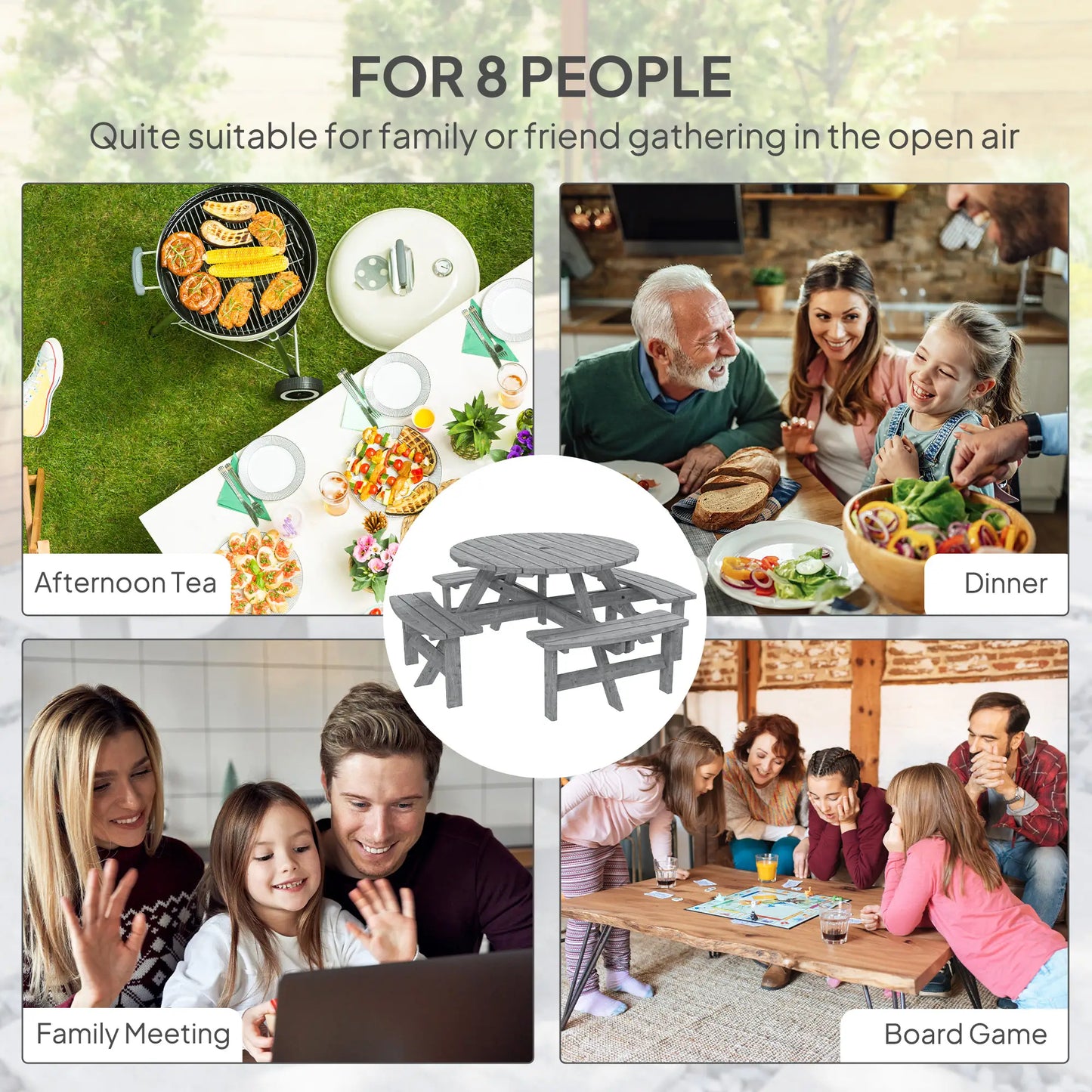 8 Seater Round Wooden Pub Bench, Patio Dining Set, Outdoor Patio