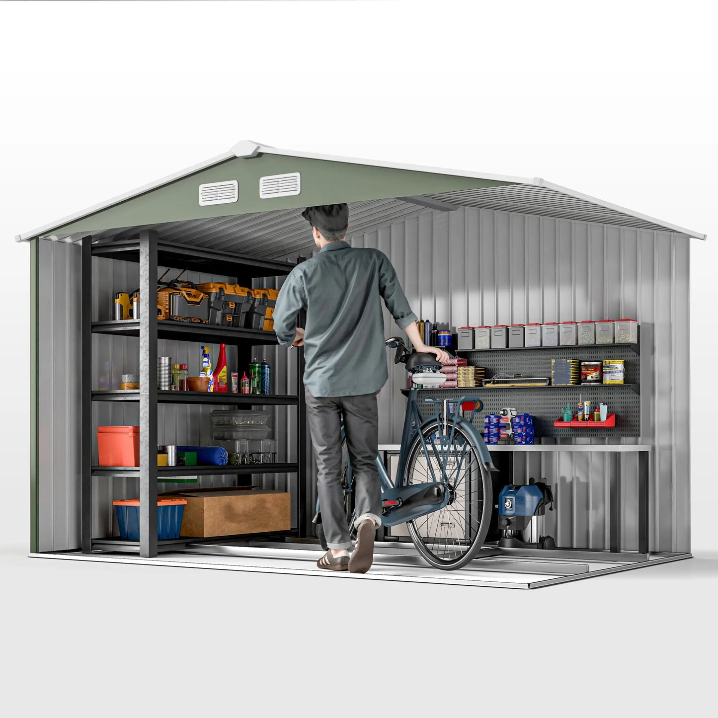 9.1'x6.4'x6.3' Garden Storage Shed, Foundation Kit, Double Doors, Light Green Sheds at Gallery Canada