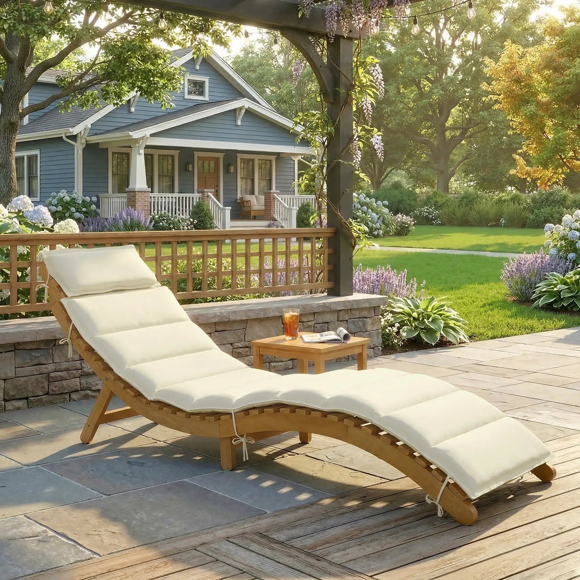 Folding Chaise Lounge Chair, Acacia Wood, Tanning, Cream White Lounger Chairs at Gallery Canada