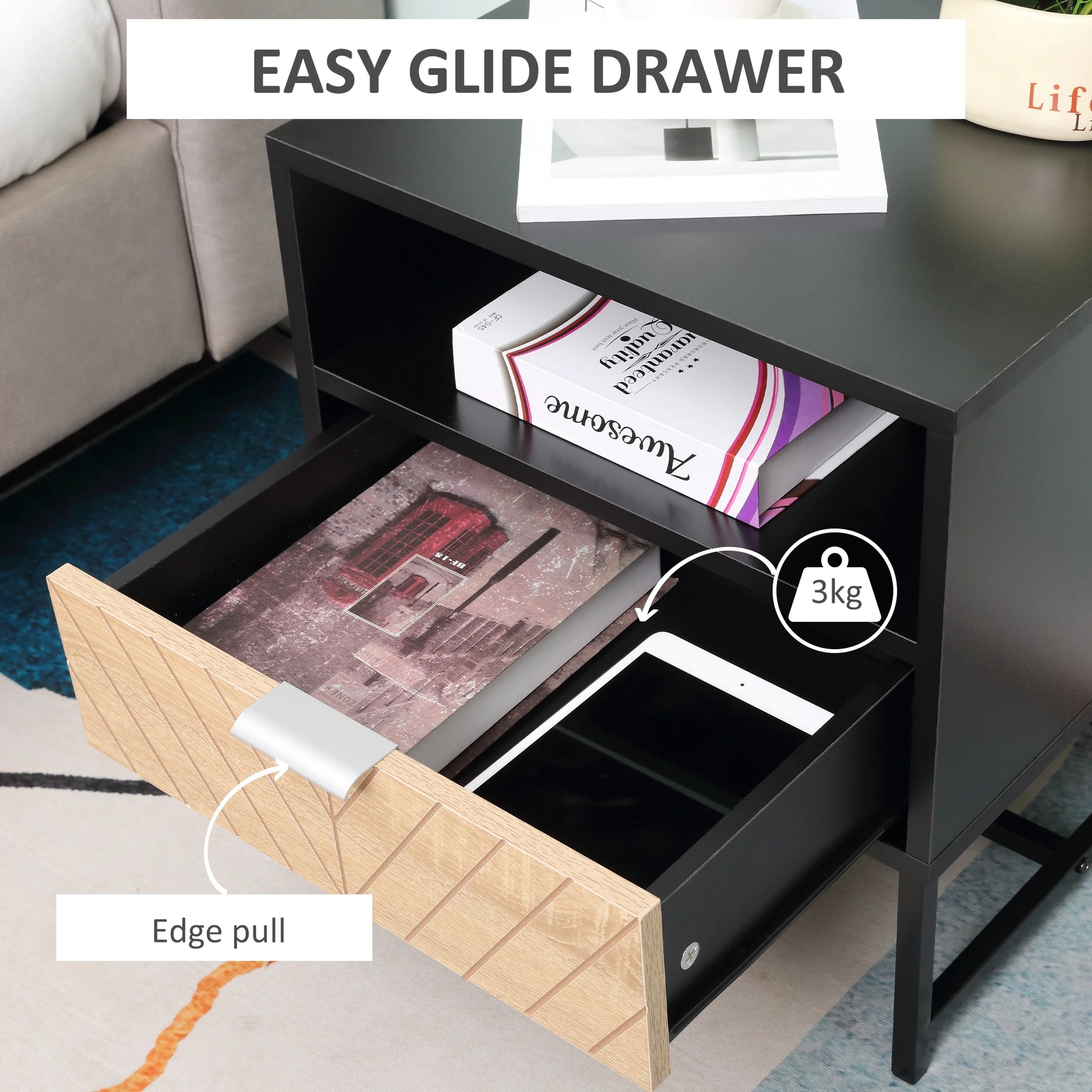 Modern Bedside Table with Drawer, Storage Shelf, Oak, Black Bedside Tables at Gallery Canada
