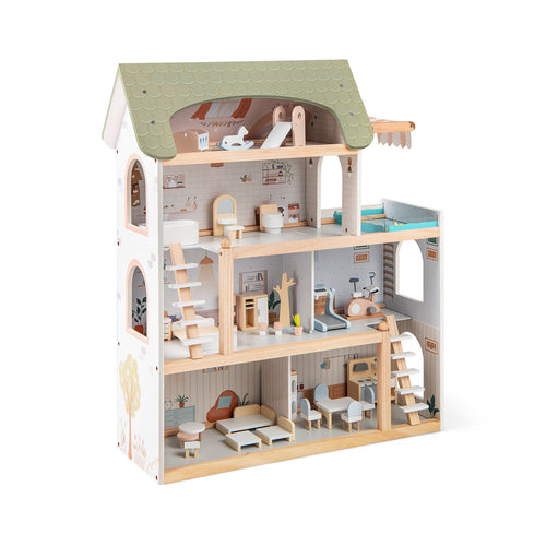 Wooden Dollhouse With 33 PCS Furniture, Green
