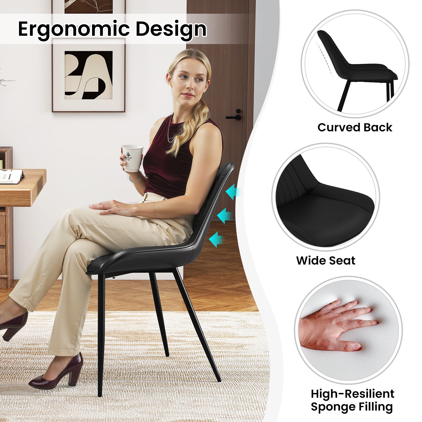 Dining Chair Set of 4 Faux Leather Upholstered Kitchen Chairs with Metal Legs, Black Kitchen & Dining at Gallery Canada