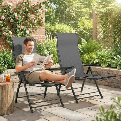 Folding Patio Chairs Set of 2, 5-Position Outdoor Lounge Chairs, Dark Grey