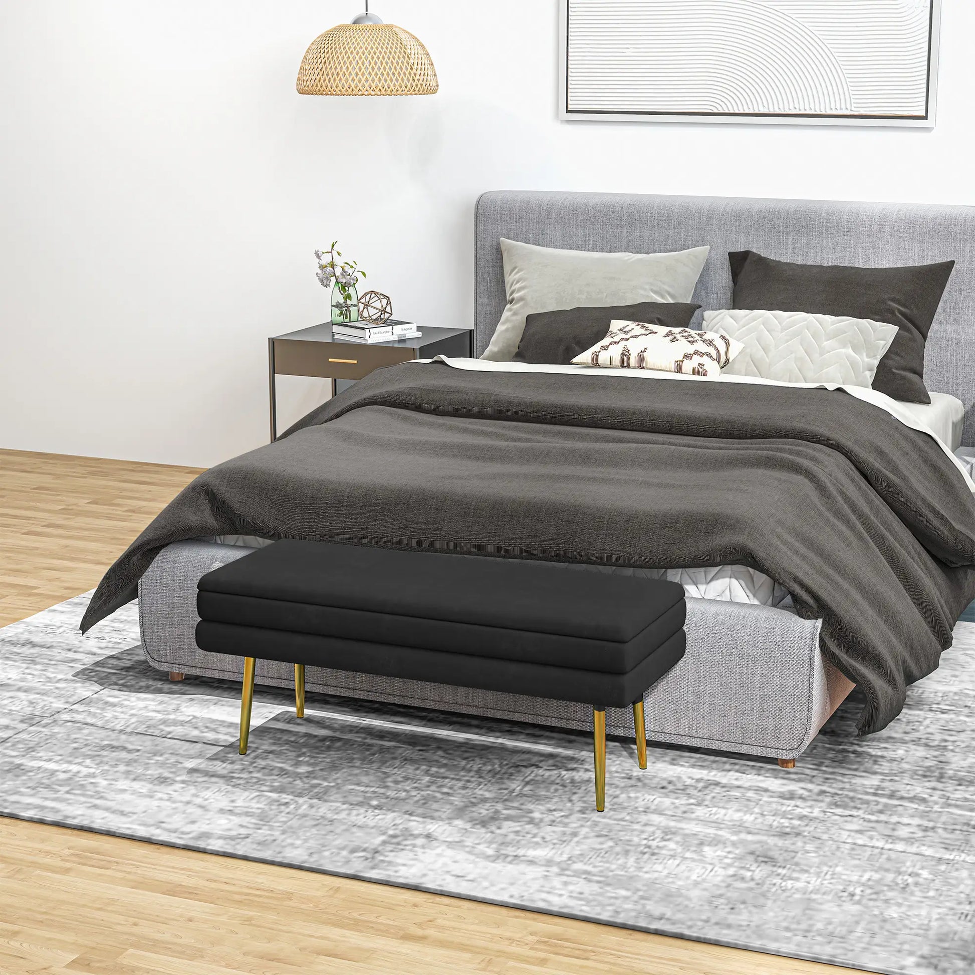 Velvet Upholstered Bench, Thick Padded Seat, Steel Legs, Black Storage Ottomans & Benches at Gallery Canada