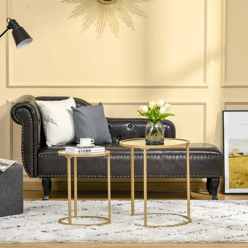 Set of 2 Nesting Coffee Tables, Round Side Table with Tempered Glass, Gold