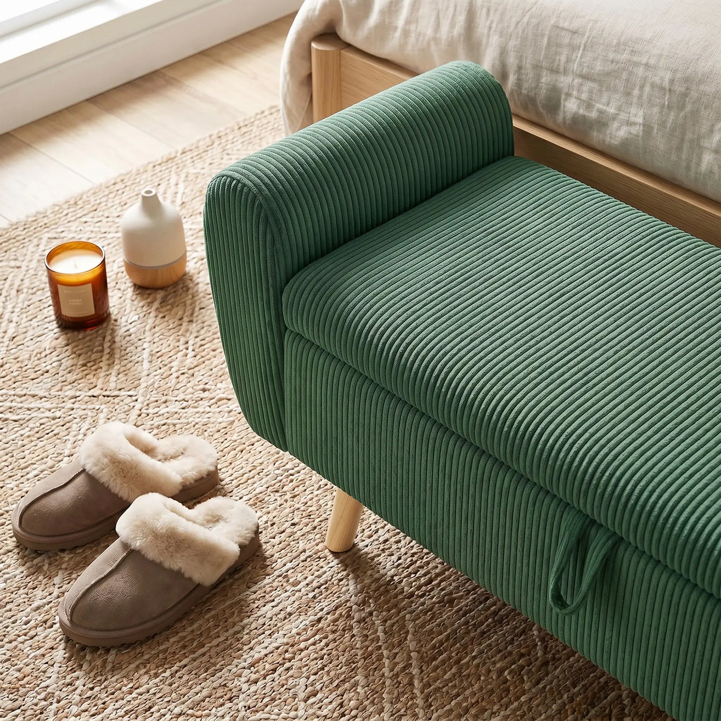 Ottomane de rangement, banc de lit en velours côtelé de 59", vert foncé