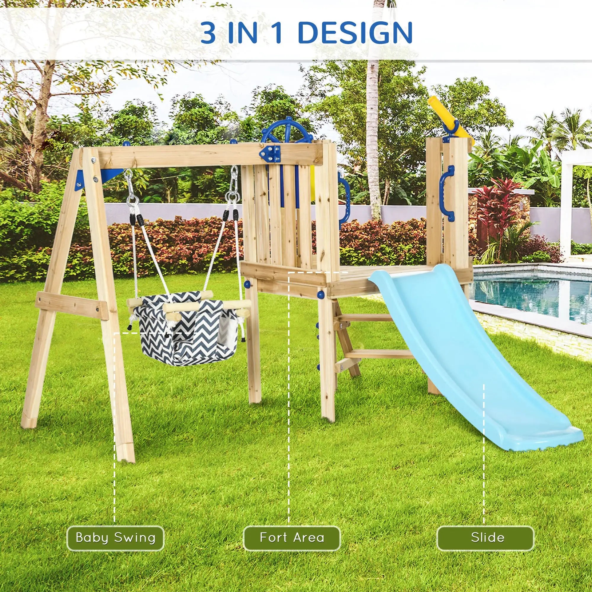 Wooden Kids Swing Set With Slide, Swing Seat, Captain's Wheel, Telescope, Natural Gym Sets & Swings at Gallery Canada