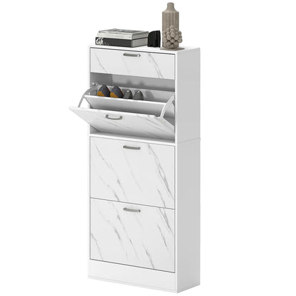 3 Flip Drawer Shoe Cabinet, Marble-Effect Narrow, White