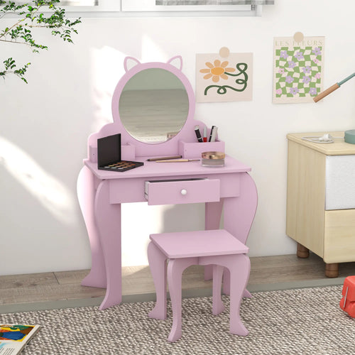 Cat Design Makeup Vanity with Mirror, Stool, Drawer, Pink
