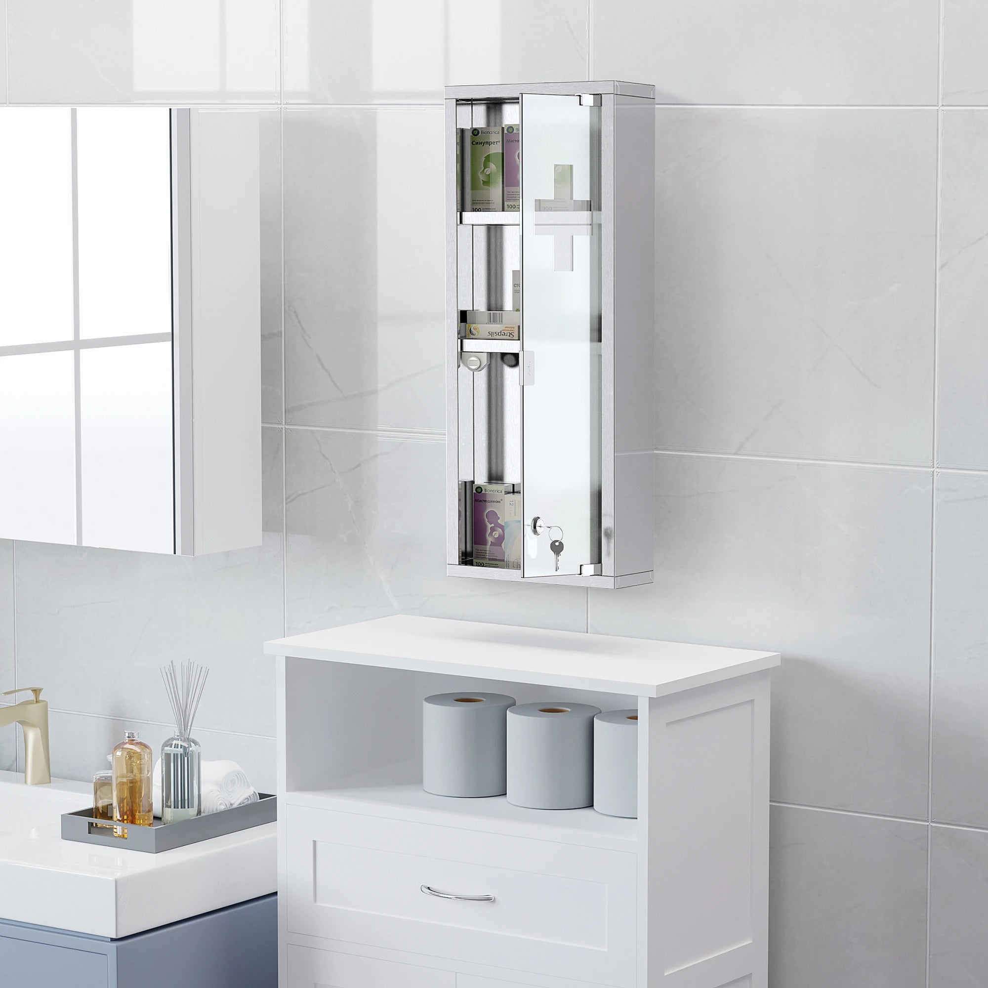 Wall Mount Medicine Cabinet, 3 Tier Shelves, Stainless Steel Frame, Glass Door, Lockable, 8