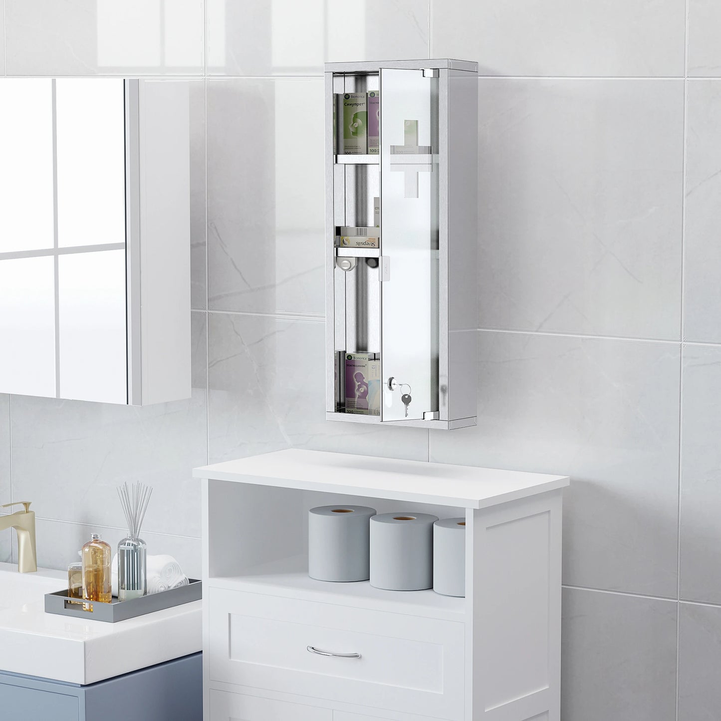 Wall Mount Medicine Cabinet, 3 Tier Shelves, Stainless Steel Frame, Glass Door, Lockable, 8" x 23", Silver Mirror Medicine Cabinets at Gallery Canada