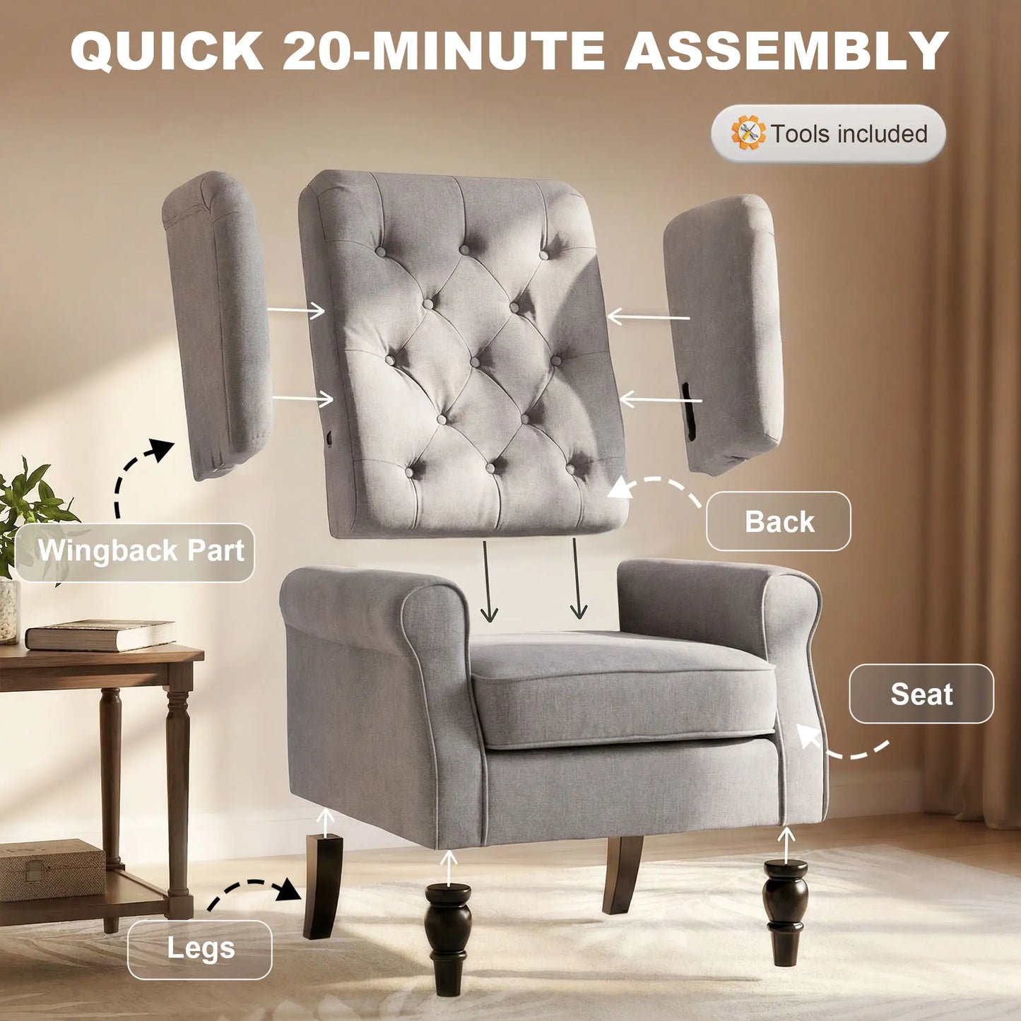 Fabric Accent Chair, Button Tufted Armchair, Modern Living Room, Wood Legs, Grey Accent Chairs at Gallery Canada