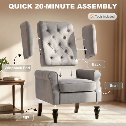 Fabric Accent Chair, Button Tufted Armchair, Modern Living Room, Wood Legs, Grey Accent Chairs at Gallery Canada