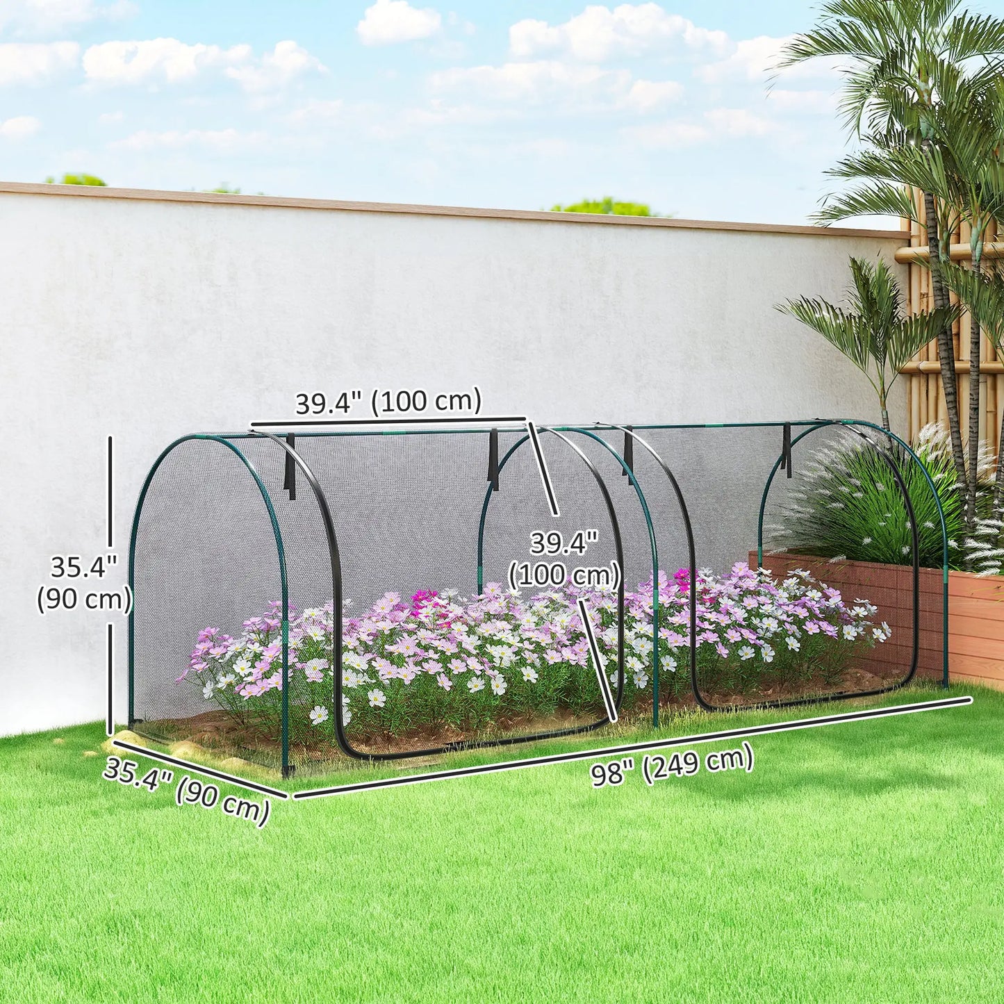 8' x 3' Crop Cage, Garden Plant Protector, 3 Zippered Doors, Black