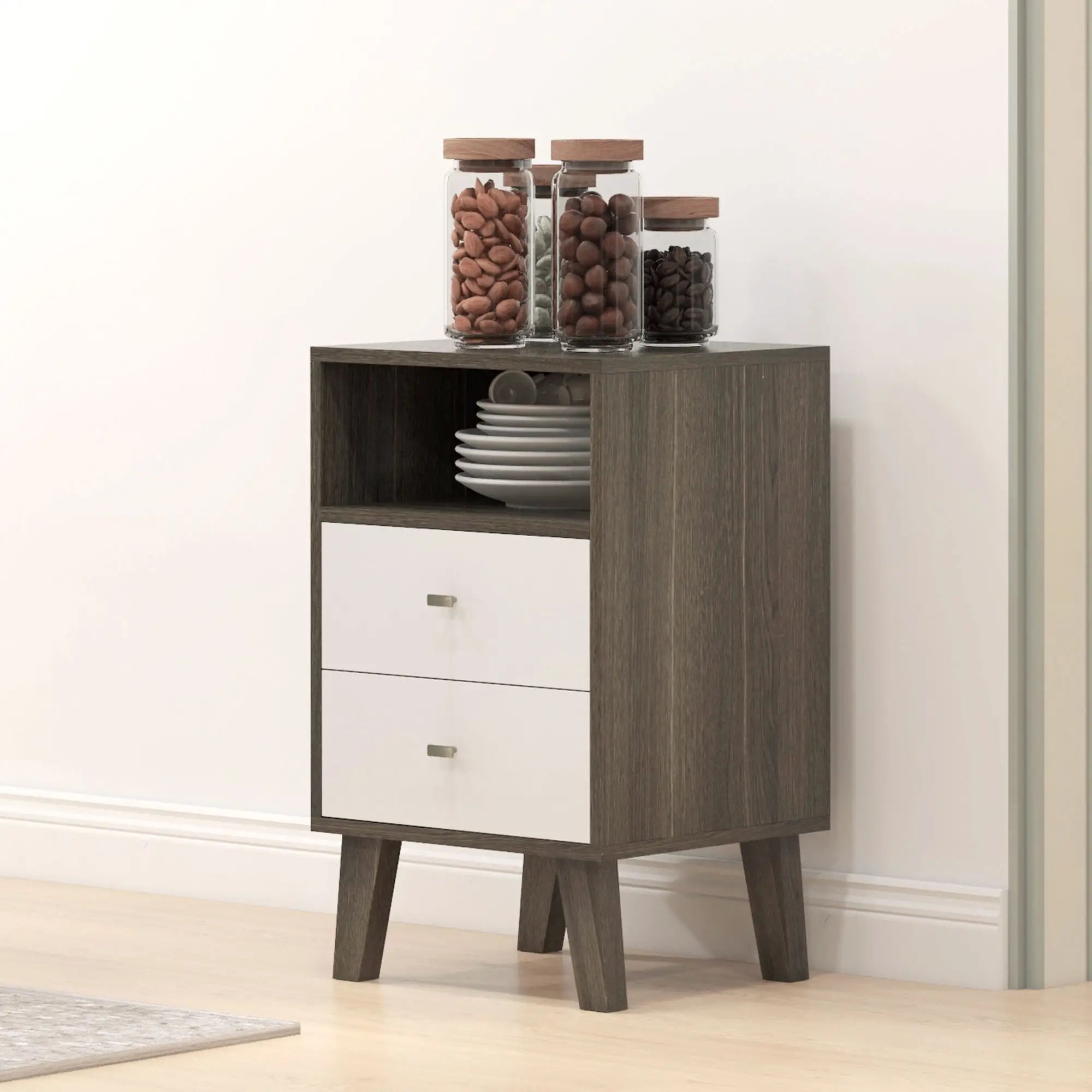 Modern Nightstand Set of 2, 3 Drawers, Open Storage, Grey Bedside Tables at Gallery Canada