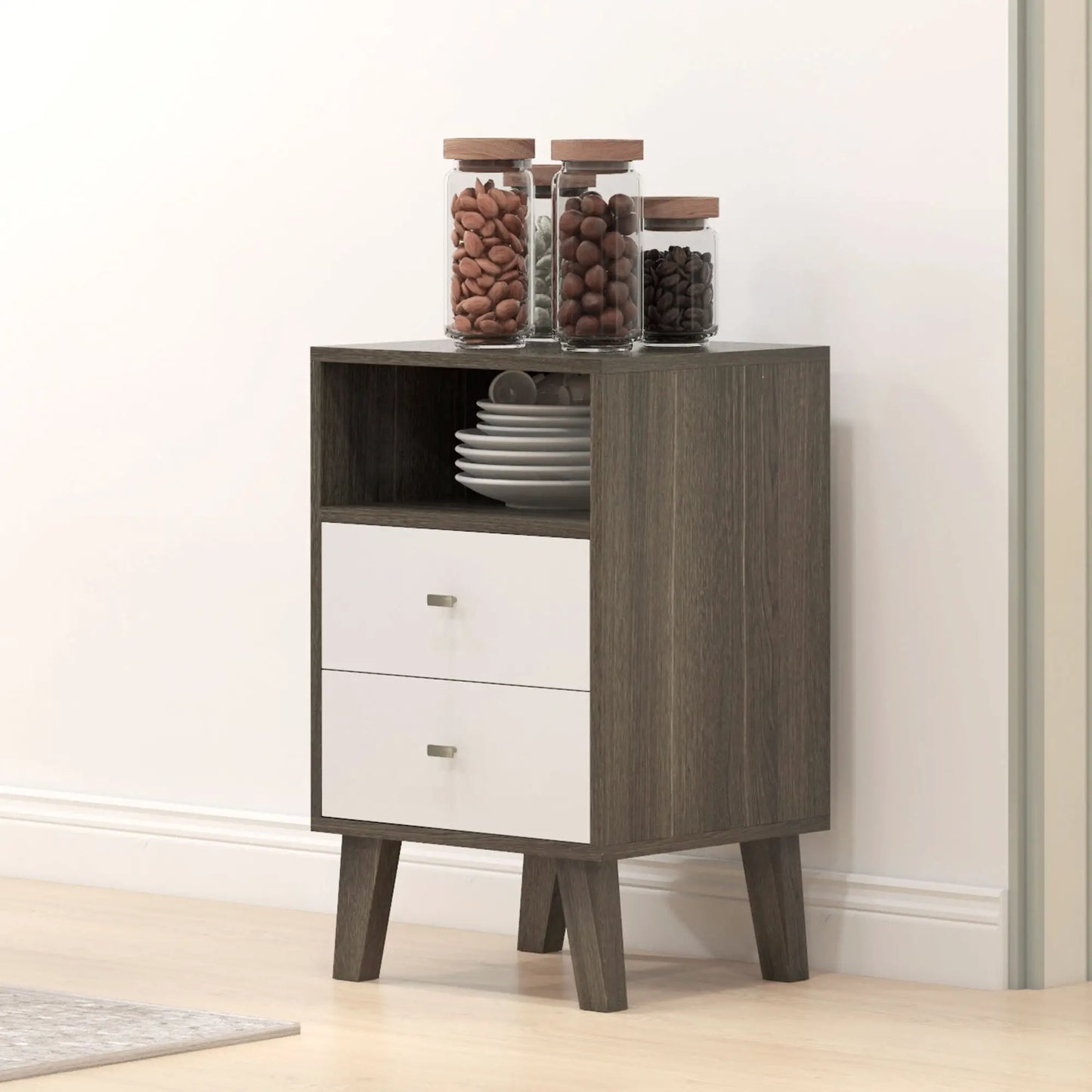 Modern Nightstand Set of 2, 3 Drawers, Open Storage, Grey Bedside Tables at Gallery Canada