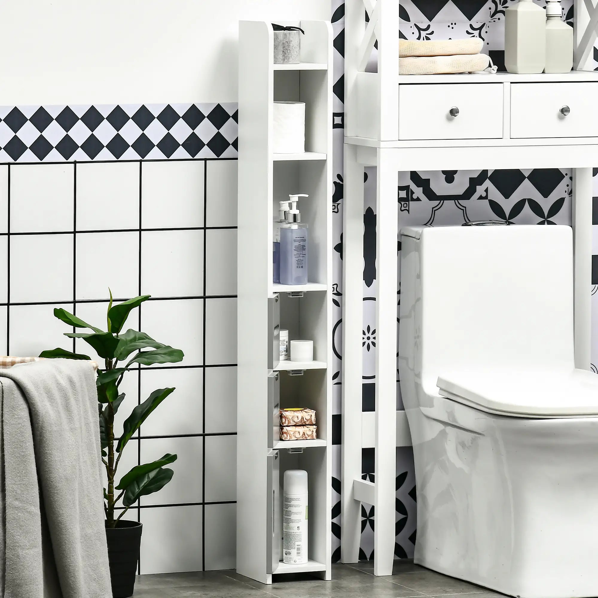 Freestanding Tall Bathroom Cabinet, Narrow Bathroom Storage Cabinet with Shelves and Cupboards, Grey and White Freestanding Bathroom Cabinets at Gallery Canada