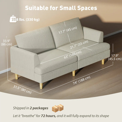 Canapé 3 places, 74" Canapé en velours côtelé, Pieds en bois massif, Beige