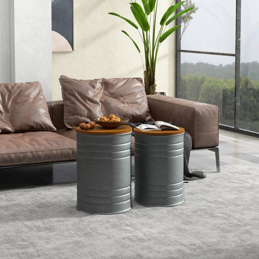 Round Side Table Set of 2, Nesting Coffee Tables, Wooden Lid, Galvanized Frame, Hidden Storage, Grey