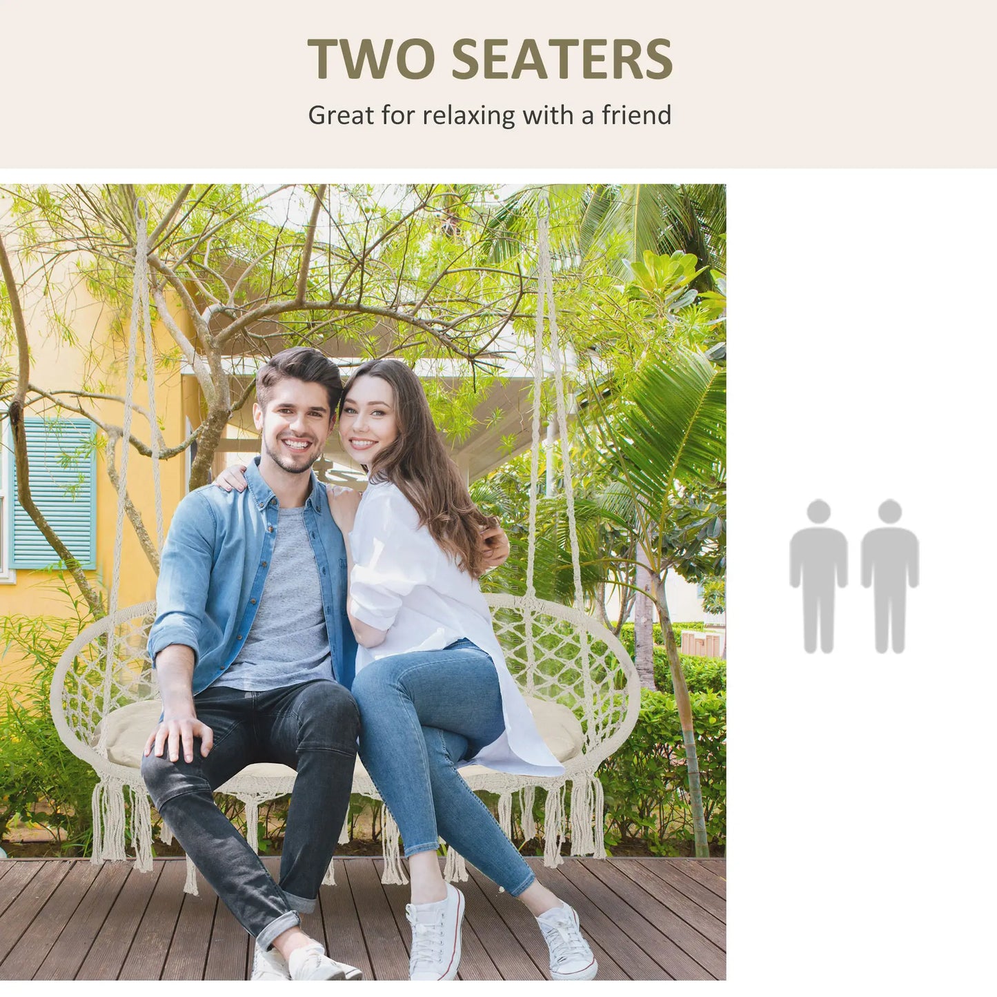 Hammock Chair, 2 Seat, Hanging Rope Swing with Cushion, Large, Cream White Patio Swings with Stand at Gallery Canada