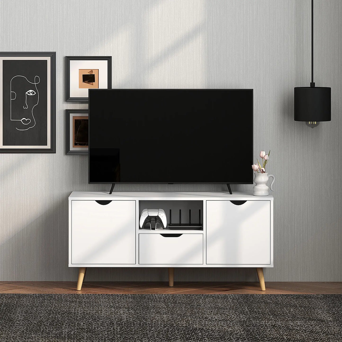 TV Stand for 50" TV, Storage with Shelf, Drawer, 2 Cabinets, White TV Stands at Gallery Canada