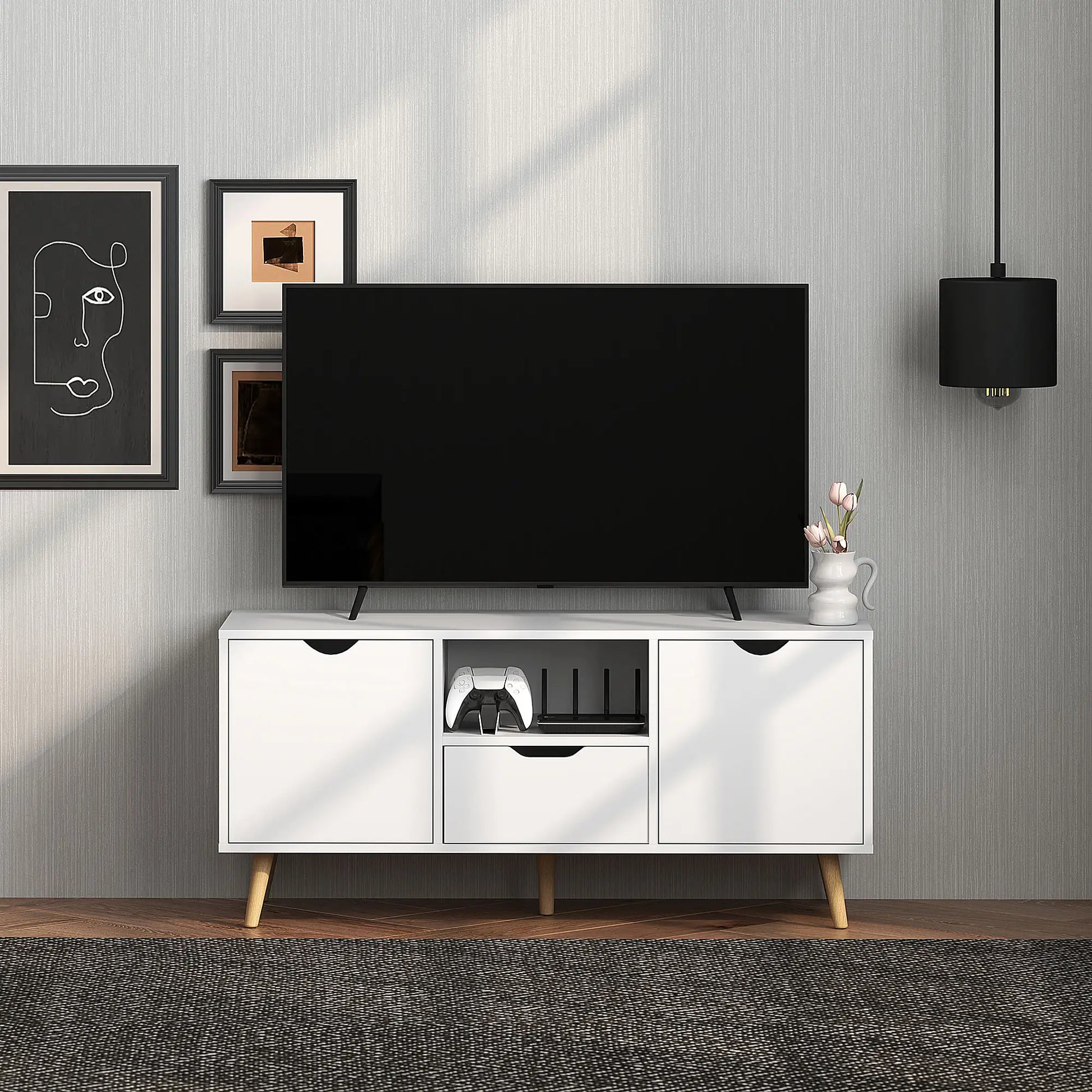 TV Stand for 50" TV, Storage with Shelf, Drawer, 2 Cabinets, White TV Stands at Gallery Canada