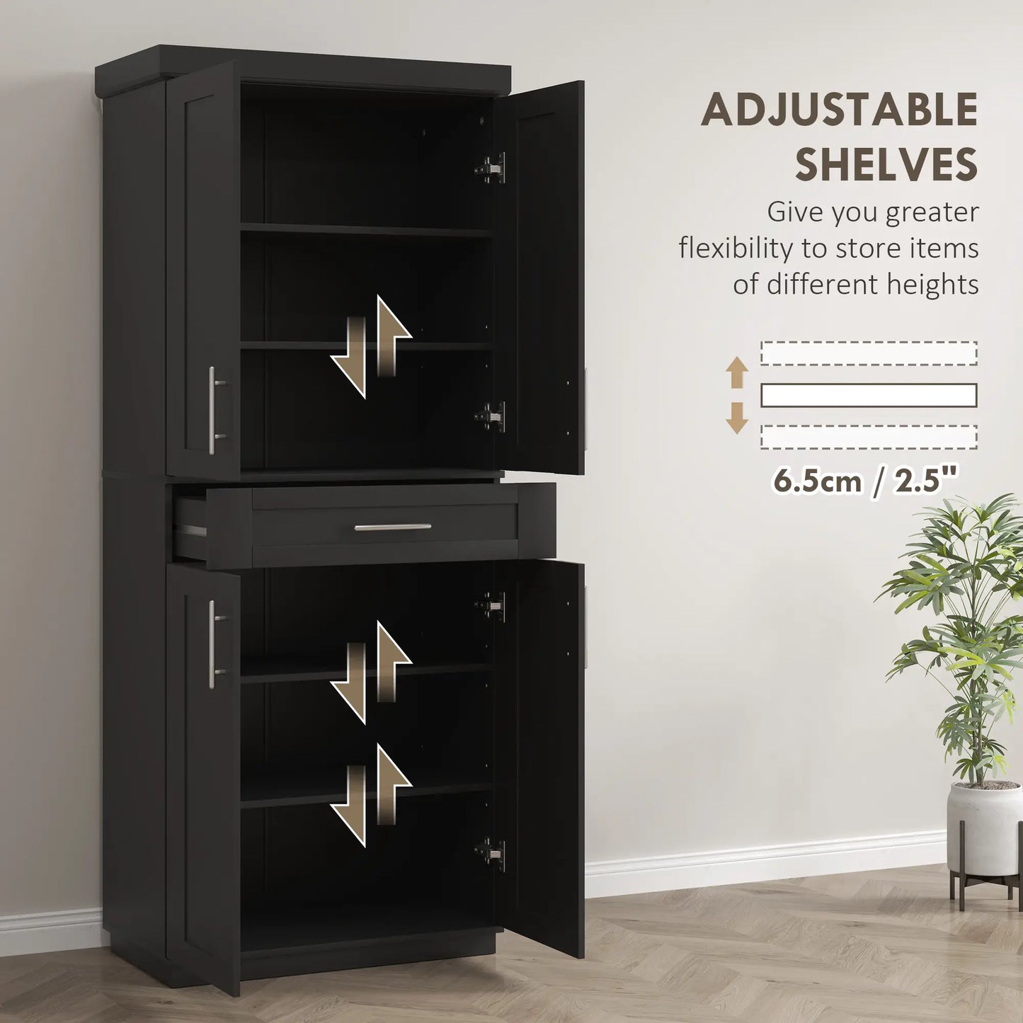 72 Storage Cabinet, 4 Doors, Drawer, 3 Adjustable Shelves, Black Kitchen Pantry Cabinets at Gallery Canada