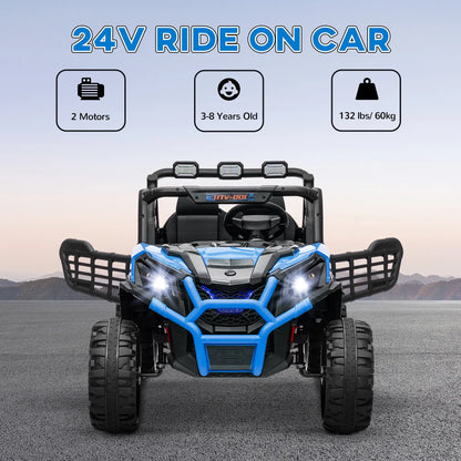 2 Seater 24V Electric Car for Kids, Remote Control, 3 Speed, LED Lights, Music, Horn, Spring Suspension, Blue