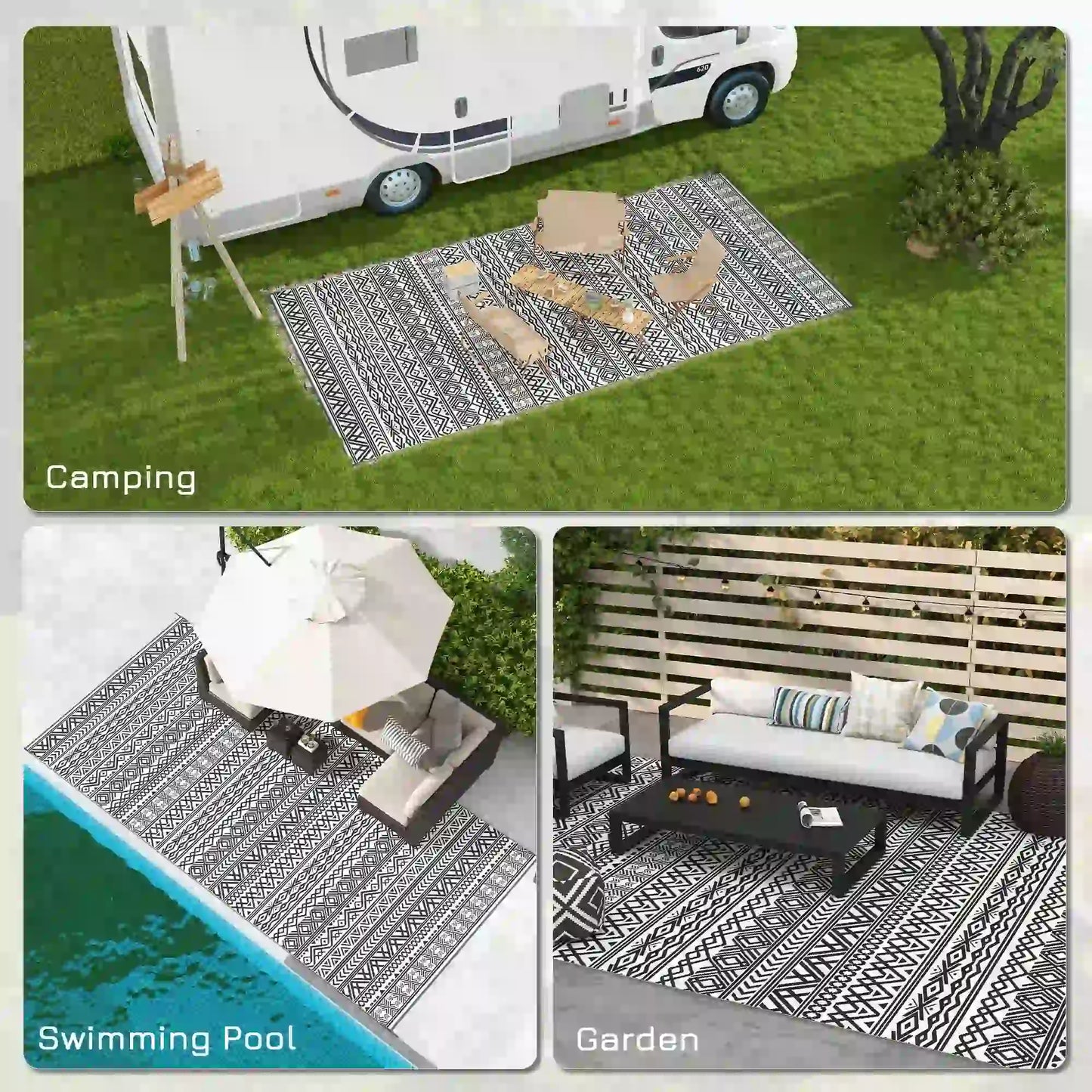 Reversible Outdoor Rug, Waterproof, 9' x 18', Boho, Grey Cream White Outdoor Reversible Rugs at Gallery Canada