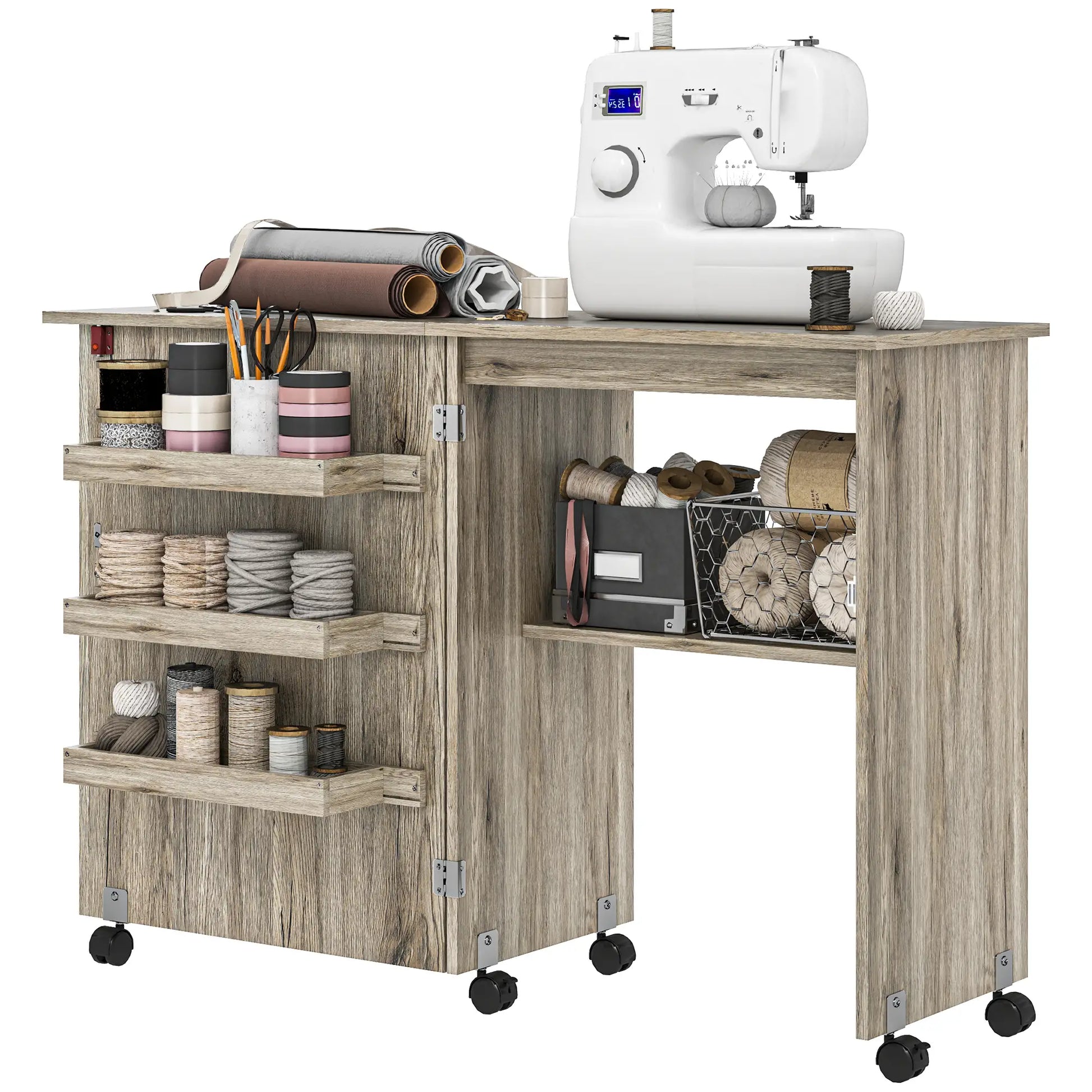 Folding Sewing Table with Storage Shelf, Bins, Lockable Wheels, Grey Storage Cabinets Distressed Grey at Gallery Canada