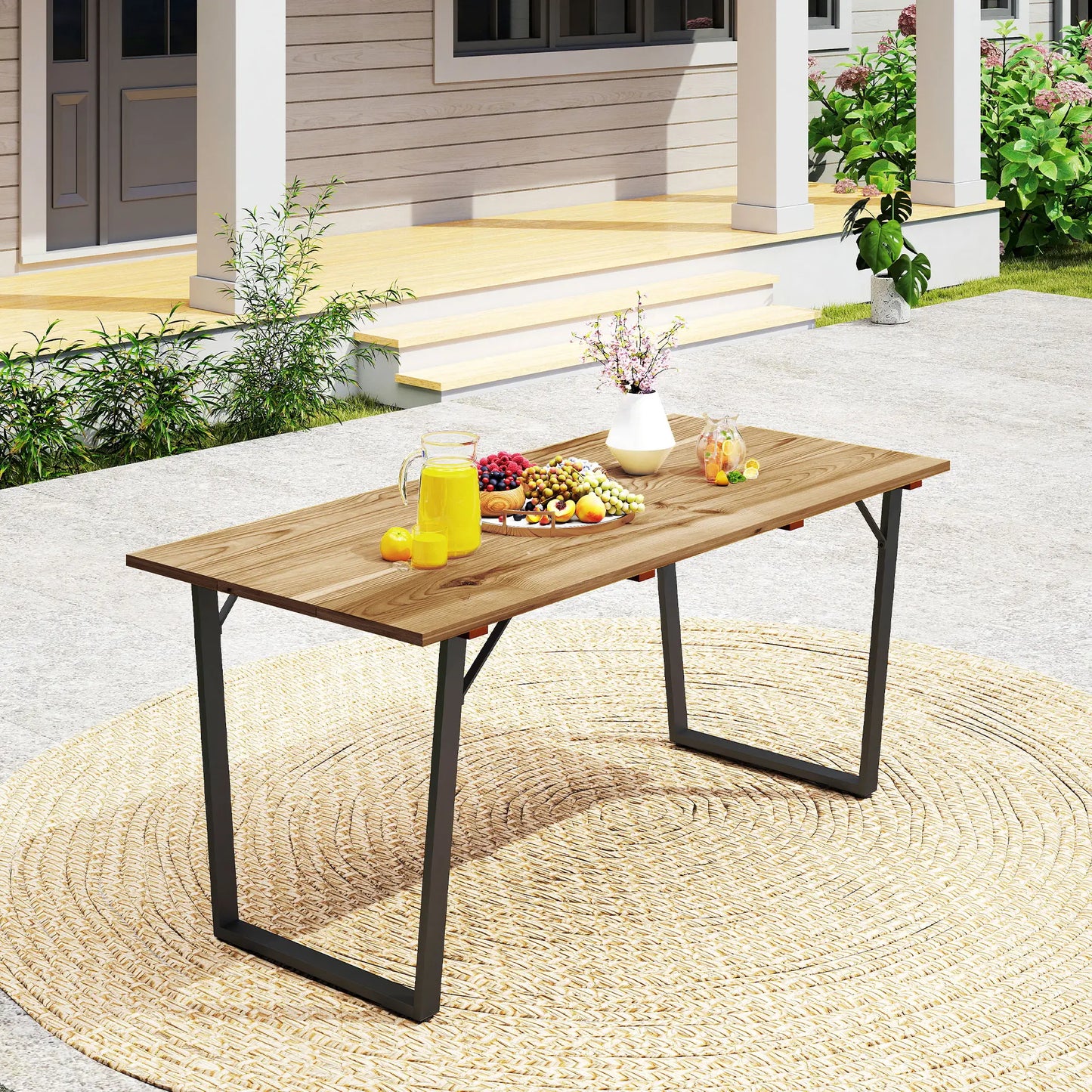 Wooden Outdoor Dining Table for 6, 2" Umbrella Hole, Slatted Tabletop, Metal Frame Patio Dinning Tables at Gallery Canada