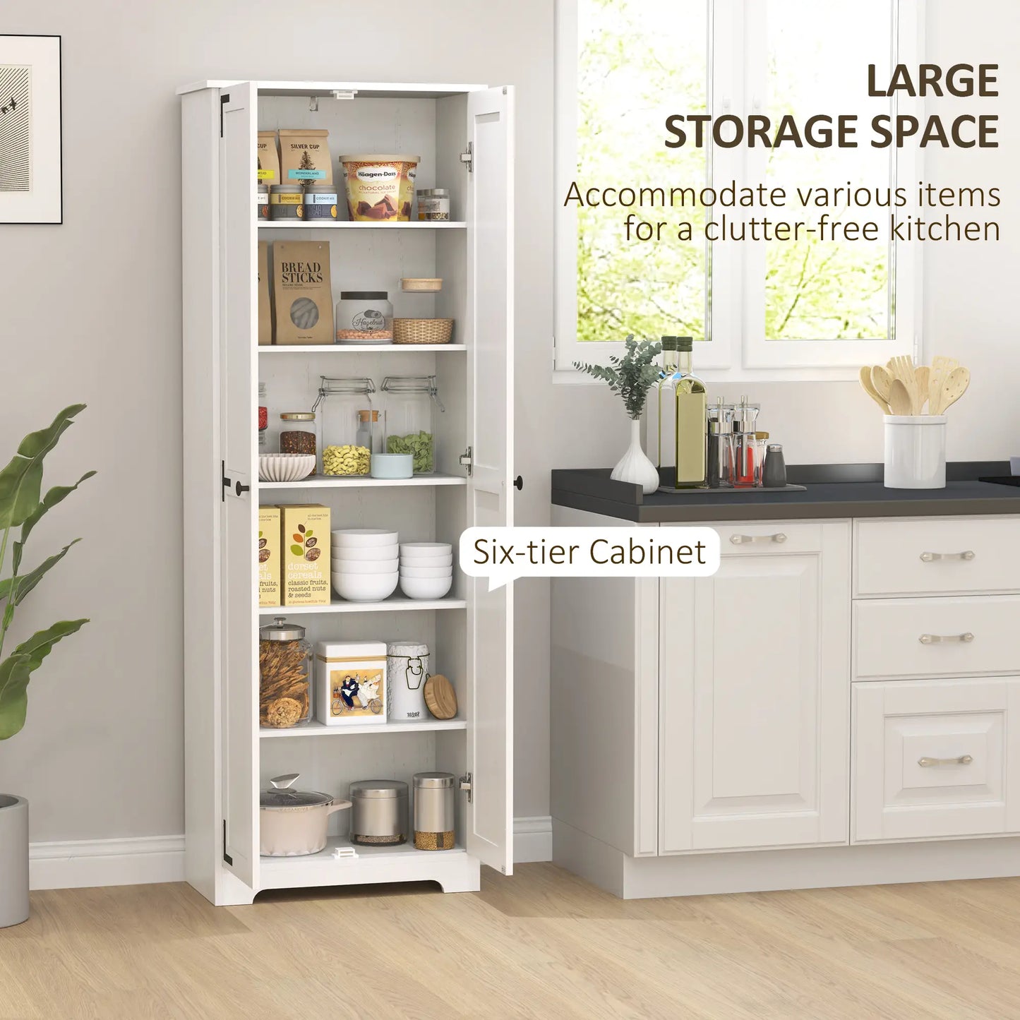 67" Farmhouse Pantry Cabinet, 2 Doors, Adjustable Shelves, Distressed, White Storage Cabinets at Gallery Canada