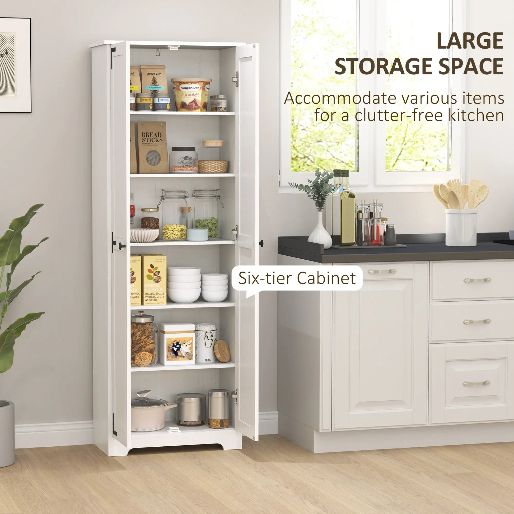 67" Farmhouse Pantry Cabinet, 2 Doors, Adjustable Shelves, Distressed, White Storage Cabinets at Gallery Canada