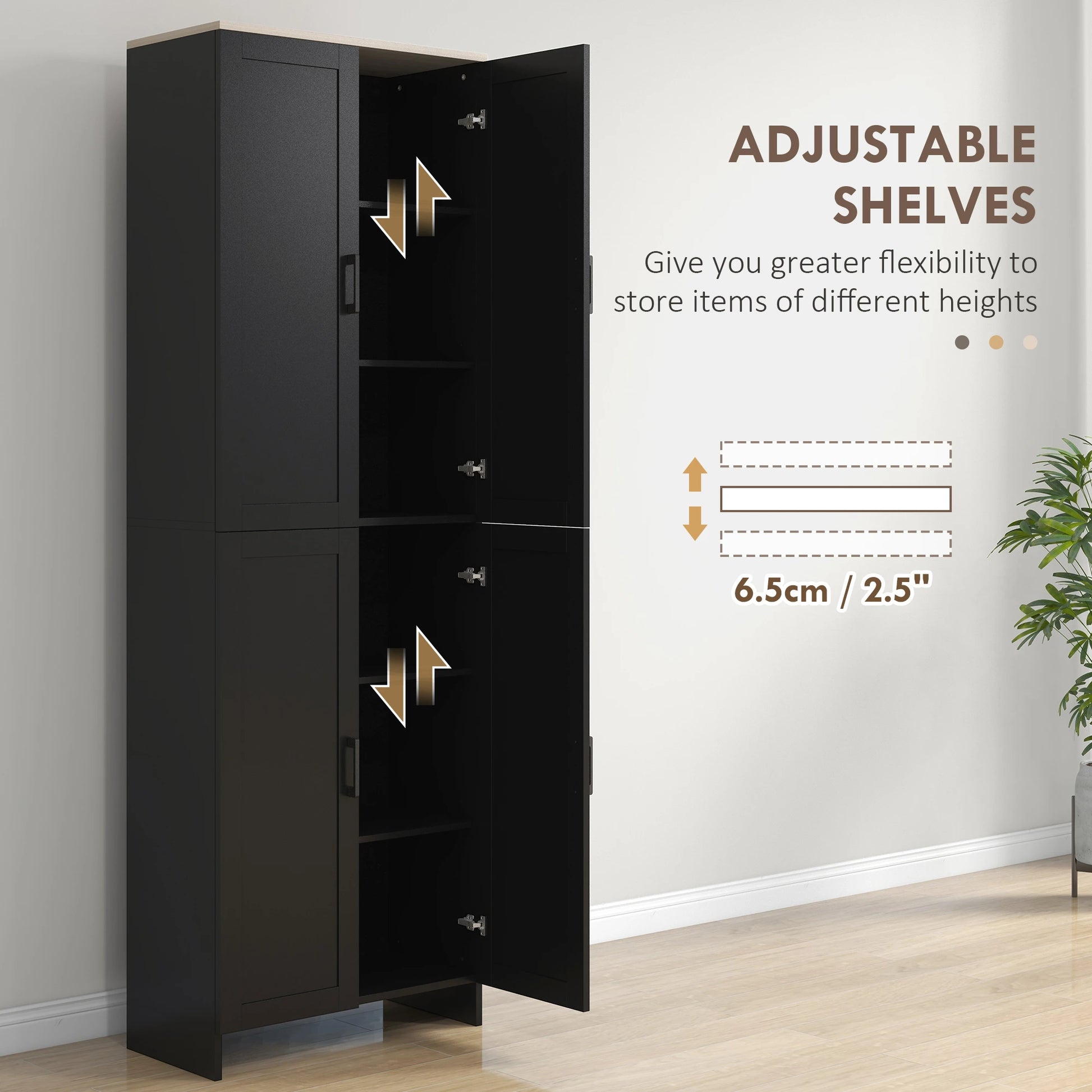 67" 4-Door Kitchen Pantry Cabinet, Adjustable Shelves, Black Kitchen Pantry Cabinets at Gallery Canada