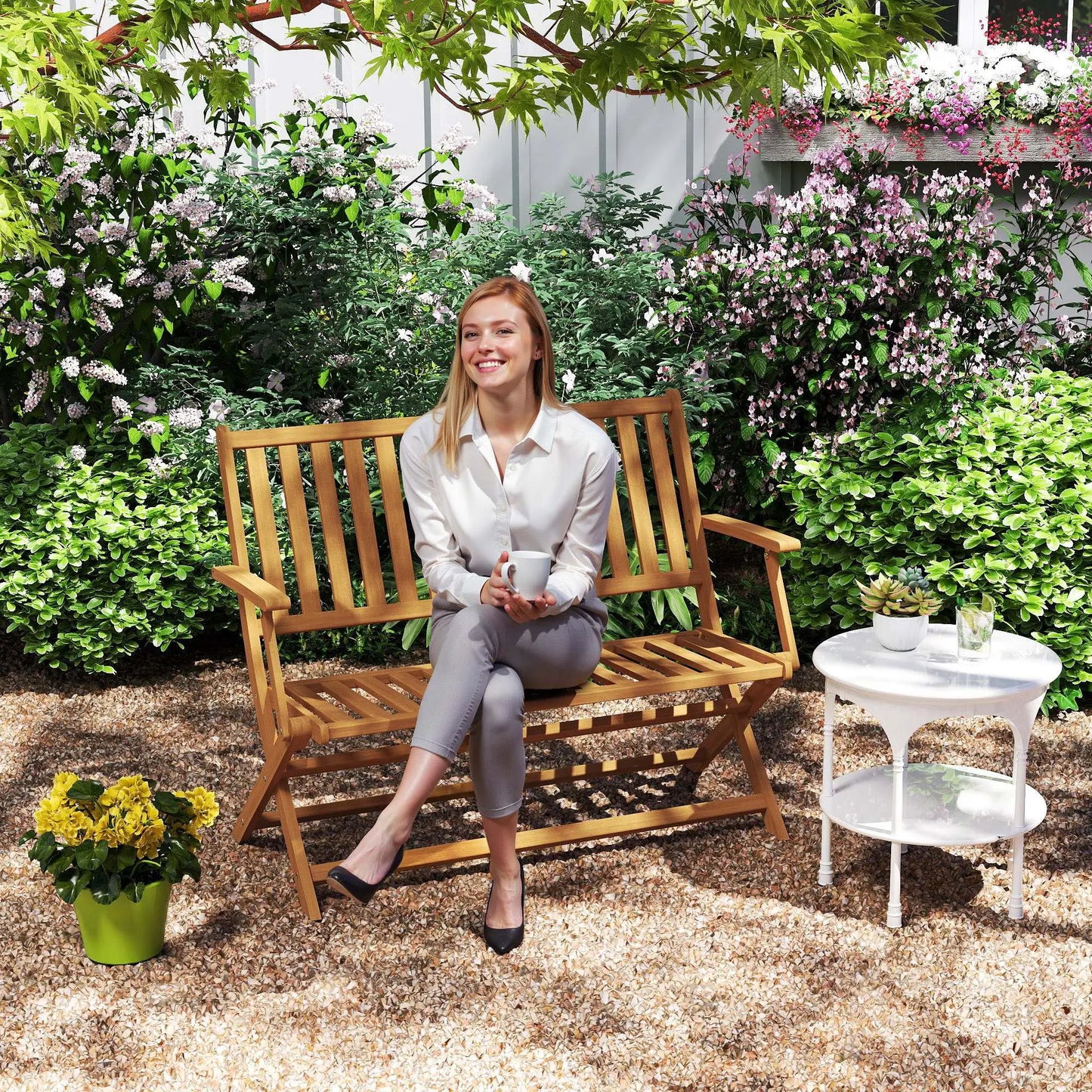 46.5" Foldable Wood Outdoor Bench, Backrest, Armrests, Teak Patio Chairs at Gallery Canada