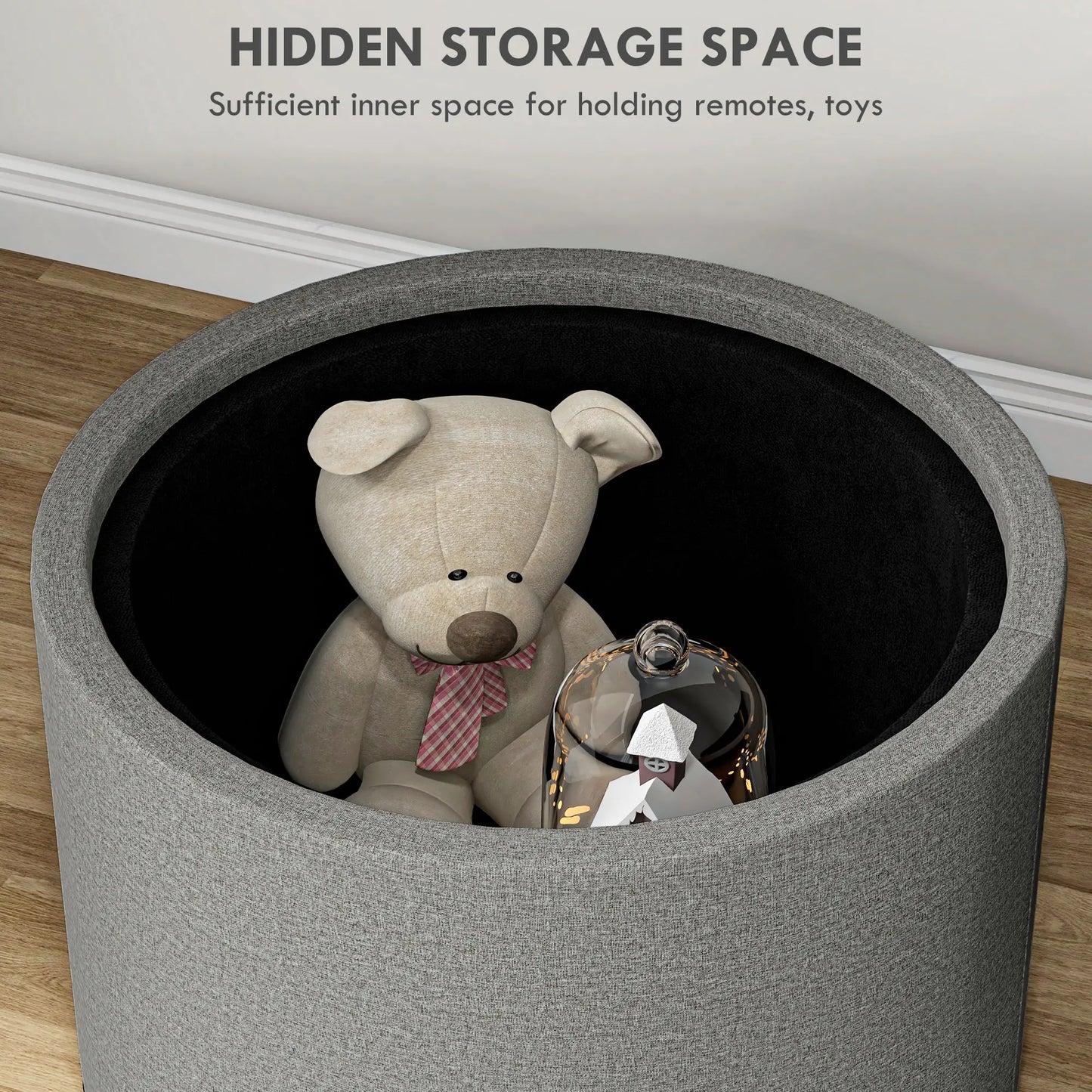 Round Coffee Table, Hidden Storage, Tray Top, Upholstered Footrest, Linen Coffee Tables at Gallery Canada