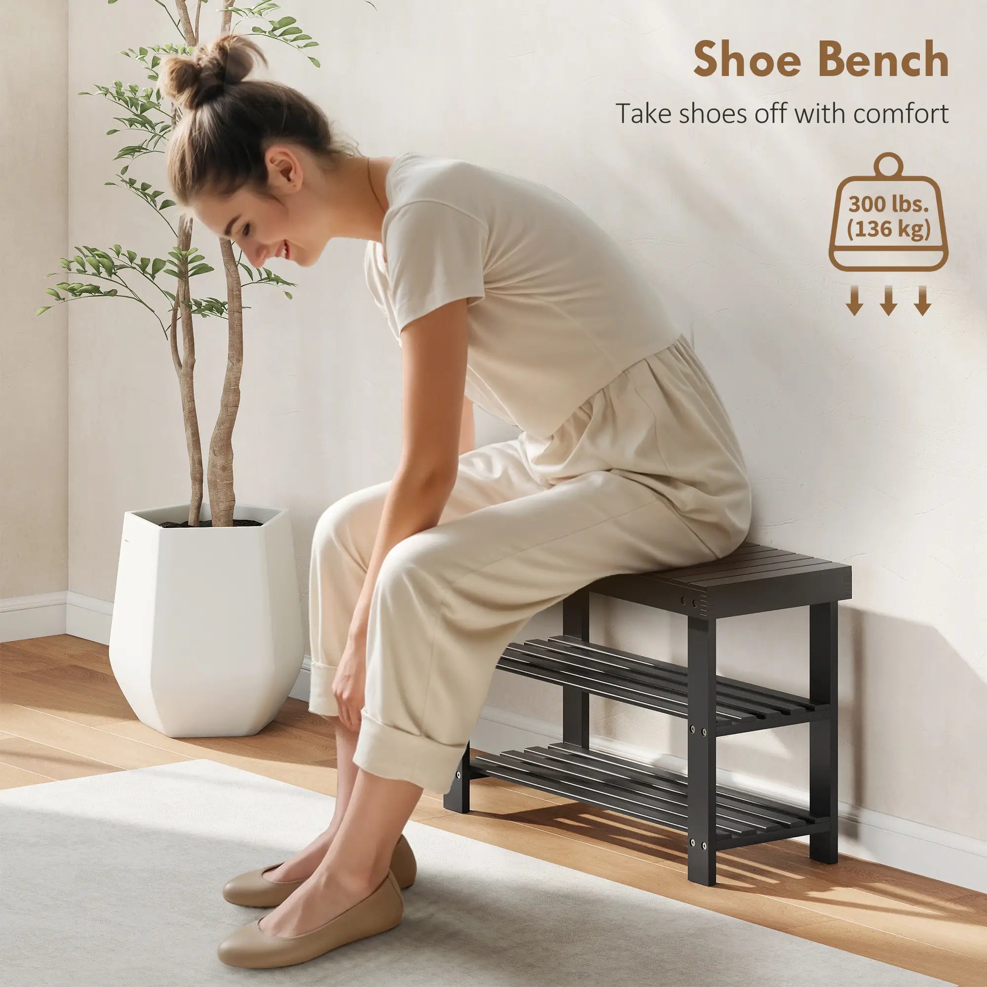 Bamboo Shoe Storage Bench, 3-Tier, 2 Shelves, Holds 6 Pairs, Black Shoe Storage Cabinets & Racks at Gallery Canada